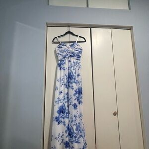 Lauren Ralph Lauren White and Blue Floral Strapless Evening Gown